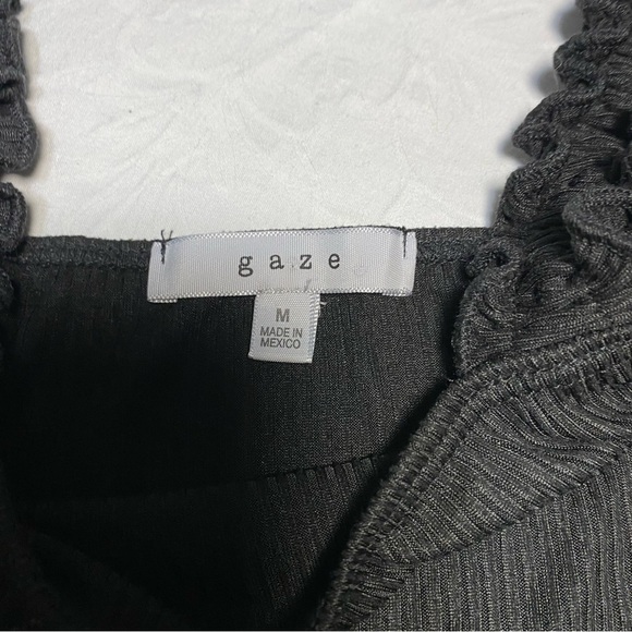 Black Solid Ribbed Tank Top With Ruffle Straps Stretchy Cutoff Crop Uneven Hem - Picture 6 of 9